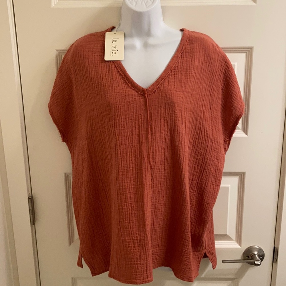 NWT LA MEIL 100% Cotton Women’s Burnt Orange Short Sleeve Top - Size L
